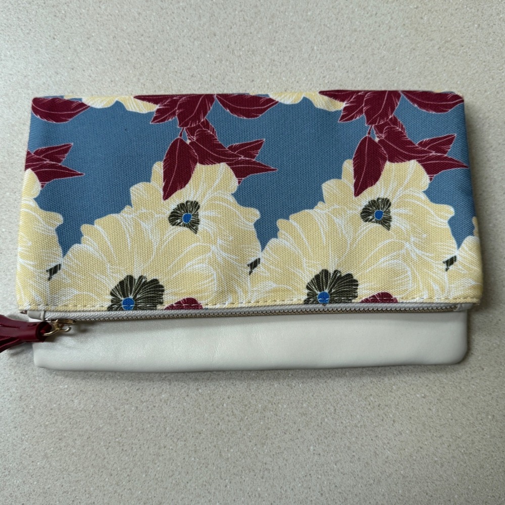 Rachel Pally Floral Canvas and Faux Leather Zipper Clutch Bag Blue Yellow